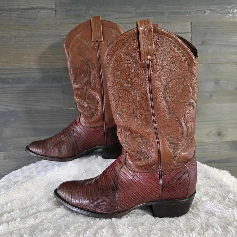 Vintage Tony Lama Brown Stitched Teju Lizard Leather Western Boots MENS SIZE 9